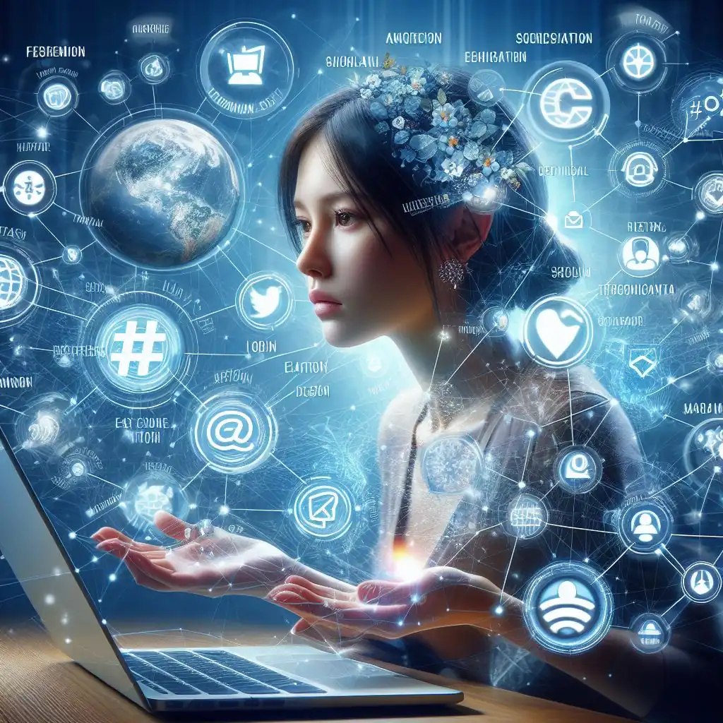 A visual representation showcasing the interconnectedness of hashtags, SEO techniques, and social media engagement, depicted as a dynamic network driving brand visibility and engagement.