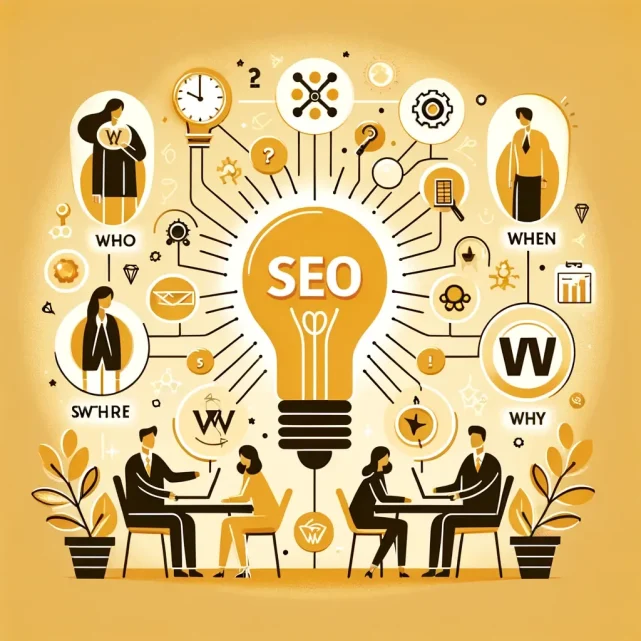 A welcoming and professional illustration for Growth Hacking University's SEO blog post, featuring a central light bulb with 'SEO' text, surrounded by the 5Ws (Who, What, When, Where, Why) icons and people engaging in a collaborative meeting, set against a warm orange background, symbolizing innovation and strategy in digital marketing.